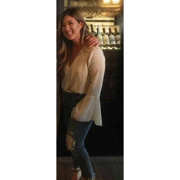 Free People XS Makin Waves Ivory Blue Polka Dot Bell Sleeve Bodysuit - Picture 4 of 9